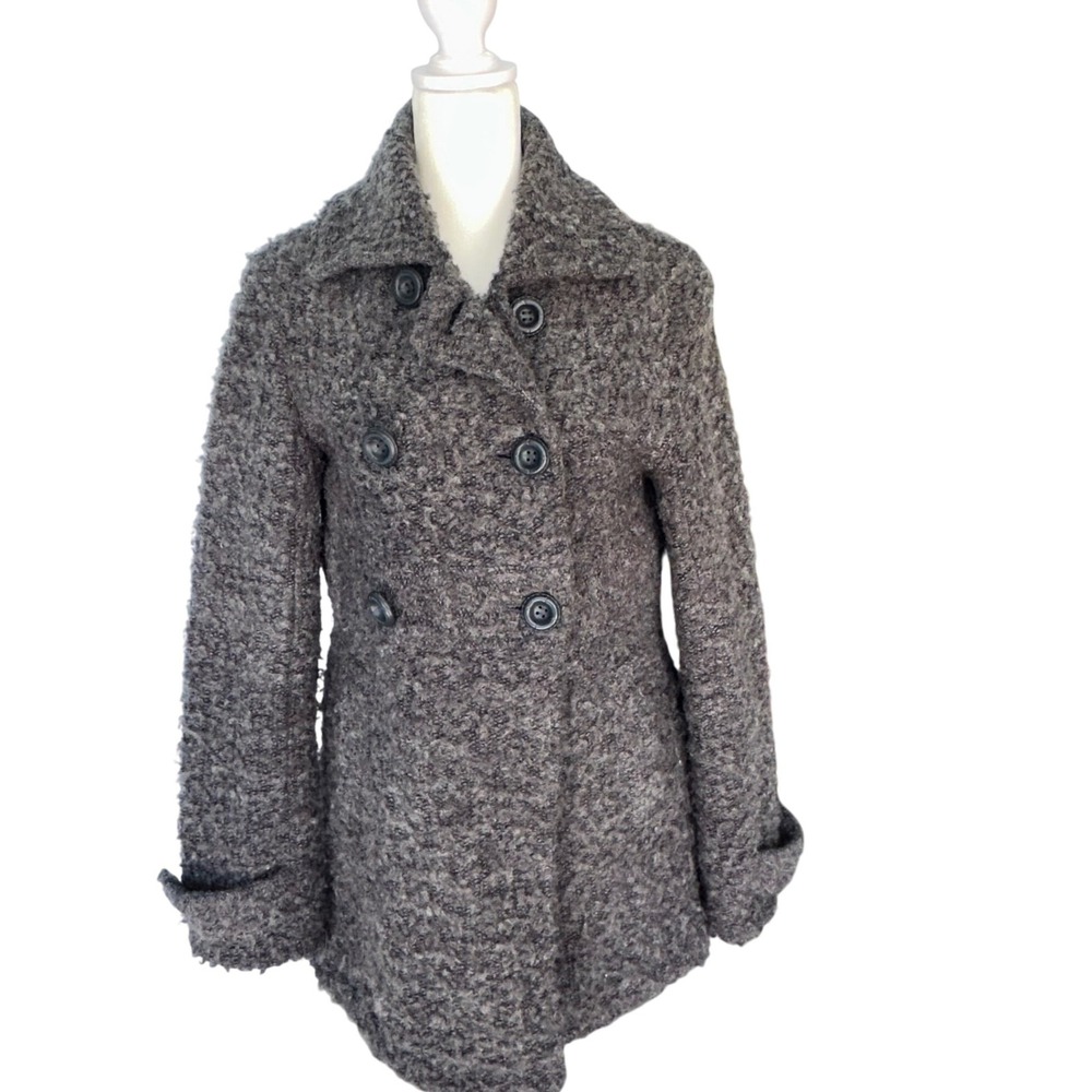 Saburoku Pea Coat Womens Japanese Wool Blend Boucle Jacket Gray Textured Y2K M